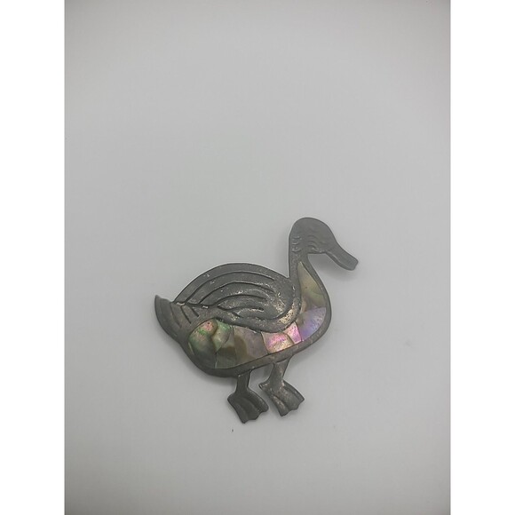 Vintage 925 Sterling Silver Brooch Pin Duck Abalone Shell Inlay Jewelry Fine - Picture 4 of 13
